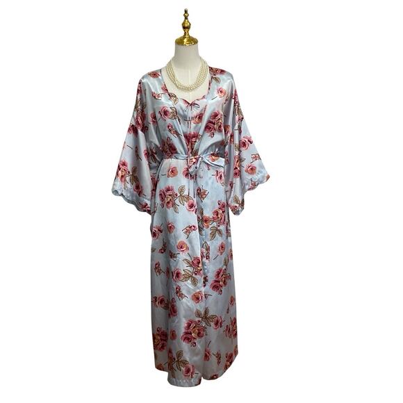 Serenada 2 Pc Blue Floral Satin Nightgown & Robe Sleepwear Set size 2X 22/24 - Picture 4 of 15